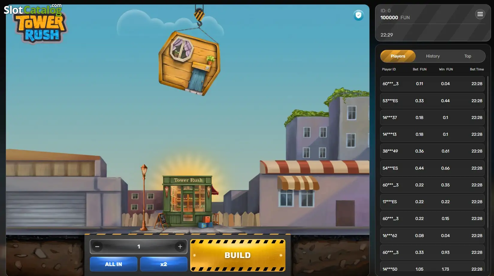 Tower Rush crash game gameplay — tower building with rising multiplier